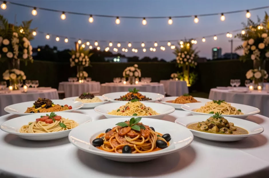 Buffet de massas para festa de casamento no salão do condomínio em SP