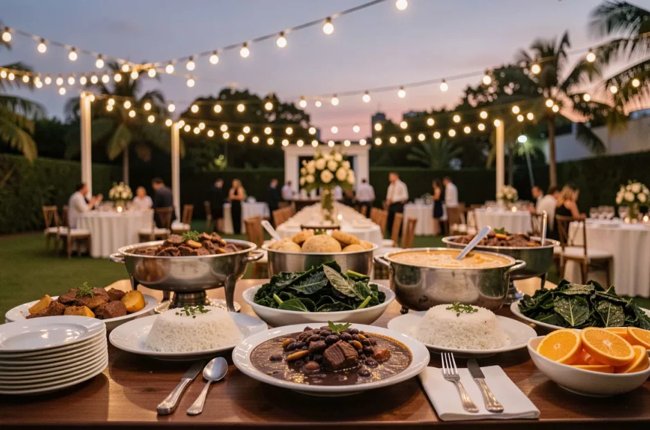 Serviço de buffet de feijoada a domicílio para casamento rústico em SP